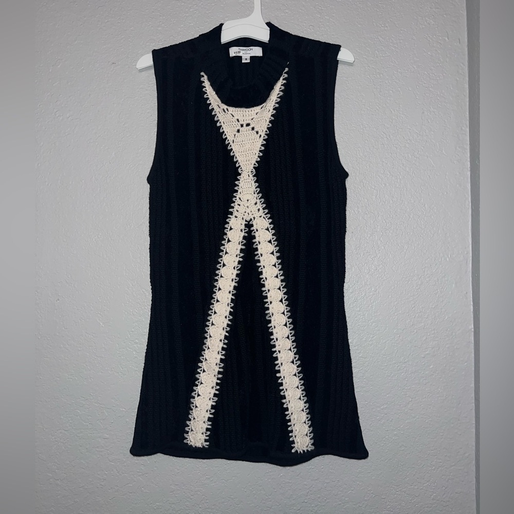 Thakoon Collective Women Black White Crochet Sweater Tunic Knit Top